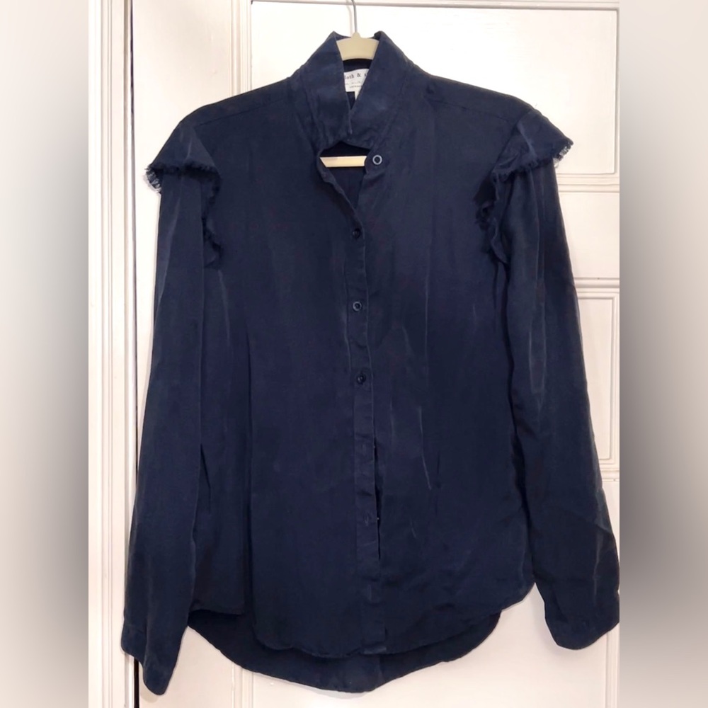 Navy Blue Cloth & Stone Button-up with Ruffle Sleeve Detail